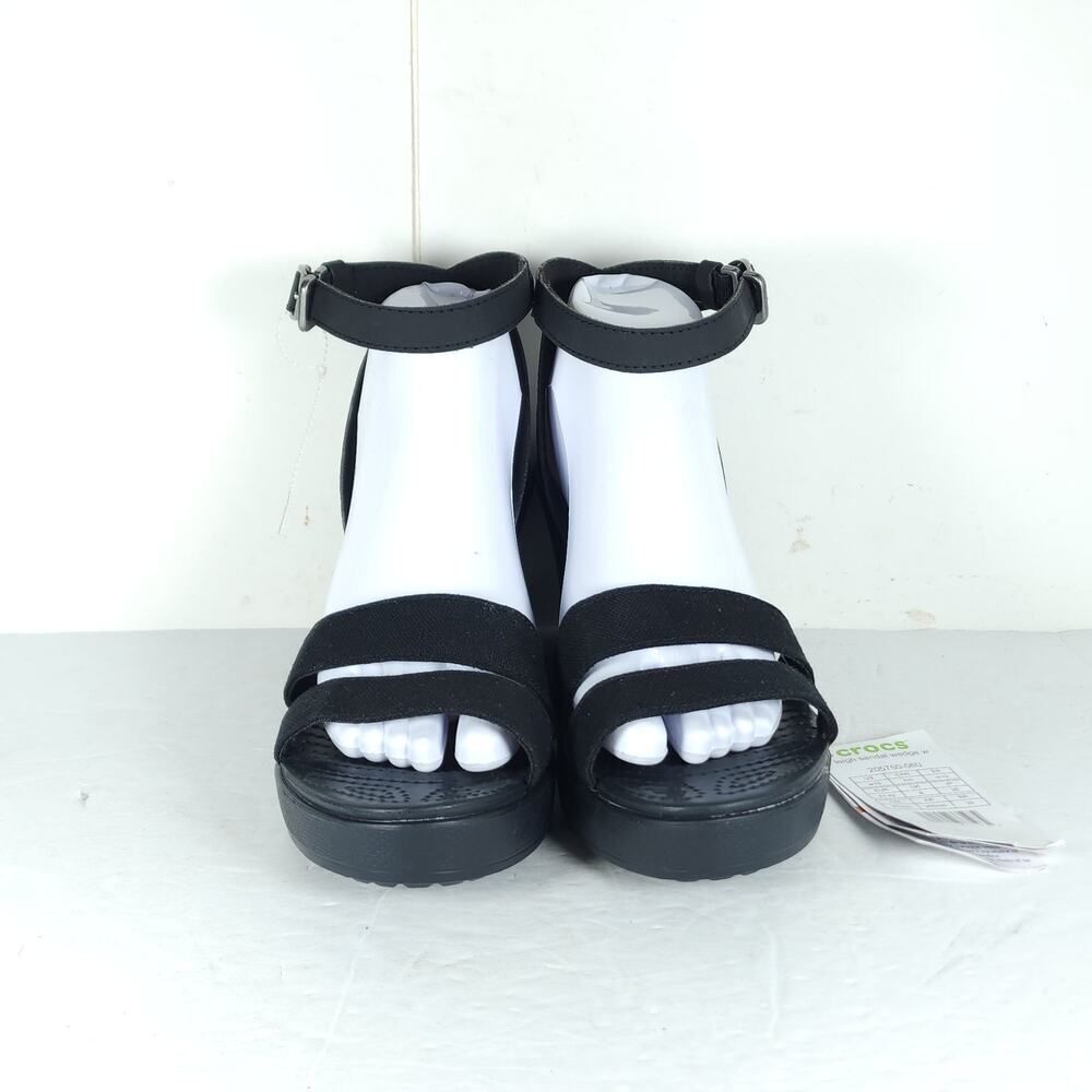 Crocs Women's Leigh II US 10 Black Canvas Ankle Strap Wedge Comfort Sandals NWT - Picture 3 of 16